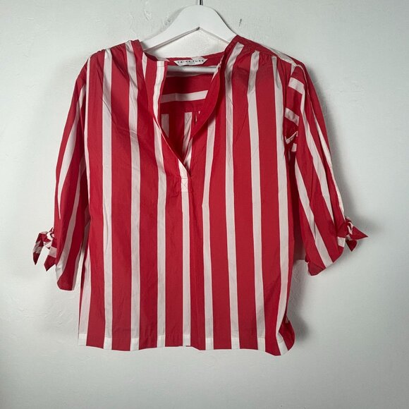 Trina Turk Womens Red & White Striped Split Neck Tie-Sleeve Blouse Top XS Casual - Picture 1 of 8